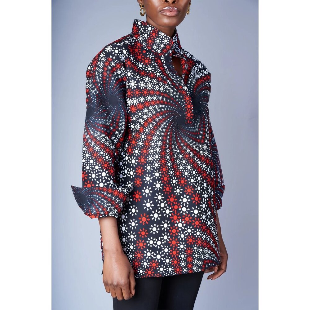 🆕 The Oula Company Geometric Print Boyfriend Top Blouse Small Blue Red - Picture 2 of 9